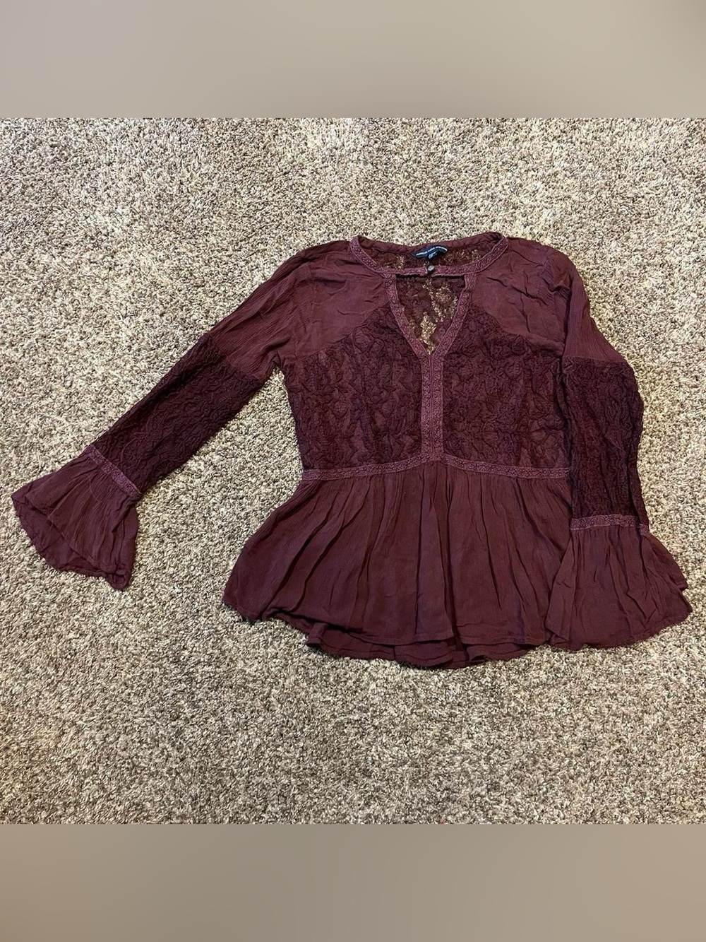American Eagle plum purple lace paneled bell sleeve blouse